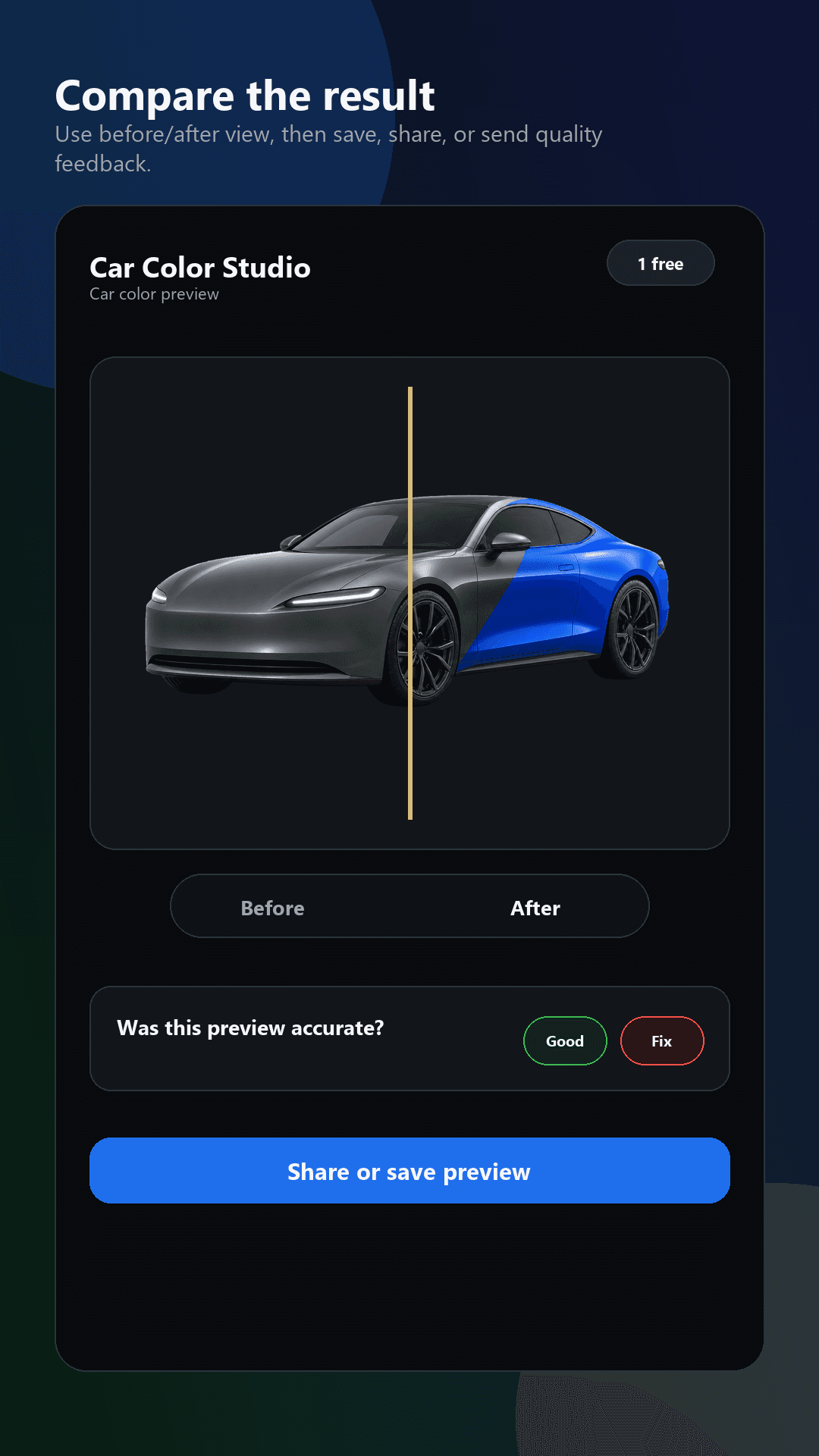 Car Color Studio before and after comparison screen